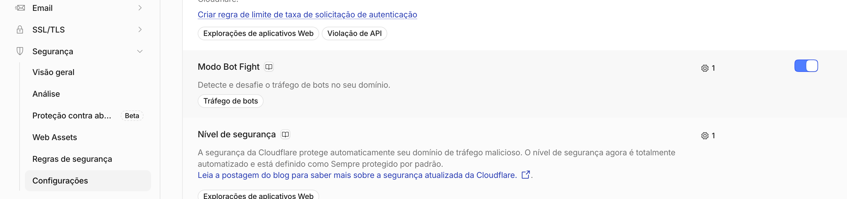 Painel de segurança da Cloudflare com o Modo Bot Fight habilitado