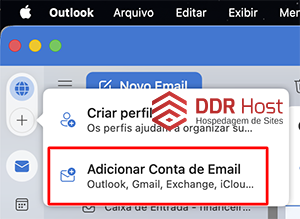 Menu lateral do Outlook para Mac com a opção Adicionar Conta de Email