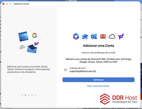 Tela do Outlook para inserir o endereço de e-mail e continuar