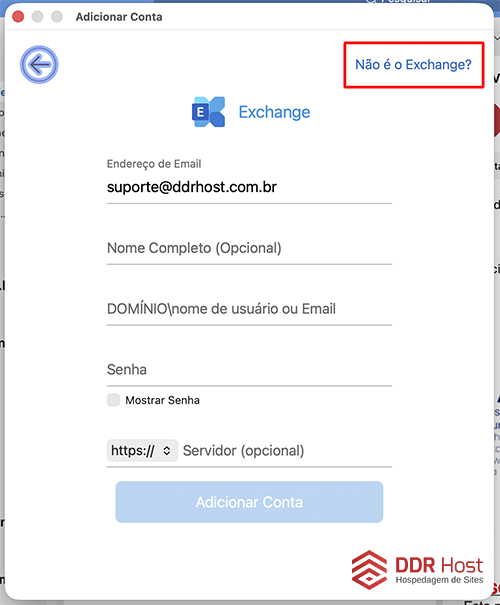 Tela de configuração Exchange no Outlook com o link Não é o Exchange destacado