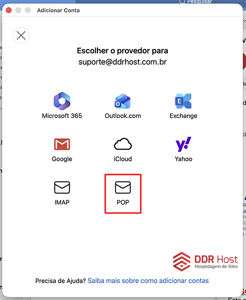 Lista de provedores do Outlook com a opção POP