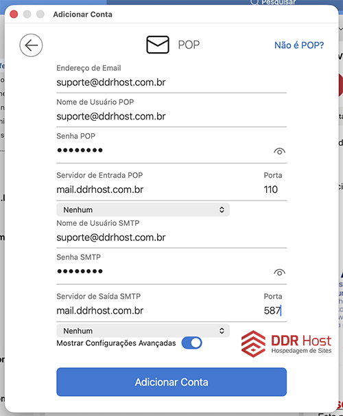 Tela do Outlook para preencher usuário, senha, servidores POP e SMTP, portas e criptografia