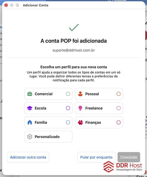 Confirmação de que a conta POP foi adicionada ao Outlook e opções de perfil