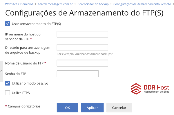 Dados do servidor FTP para backup no Plesk